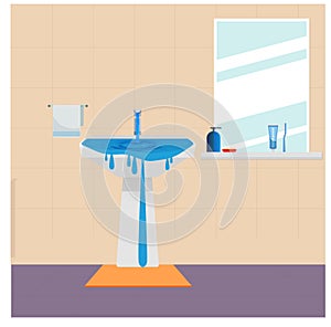 Wastage of water theme. Wastage of water from running tap as sink is overflow with the water. Wastage of water drop from