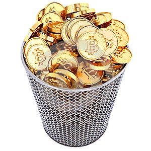 Waste basket with gold bitcoin.