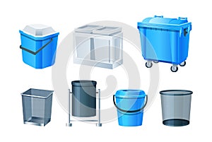 Waste bins, basket, trash can and dustbin set. Metal plastic garbage containers. Waste bins with lids, bucket with pedal, office