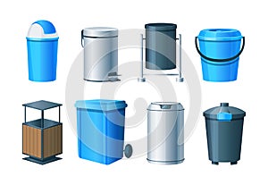 Waste bins, basket, trash can and dustbin set. Metal, wood and plastic garbage containers. Waste bins with lids, bucket with pedal