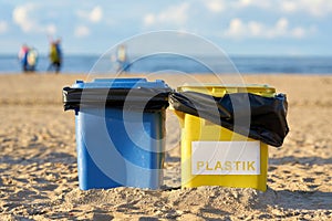 Waste bins on the beach of Swinoujscie in Poland for the cleanliness of the beach