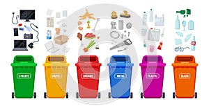 Waste bins. Recycle bin and rubbish, plastic colorful containers for trash sort. Different type objects, sorting paper photo