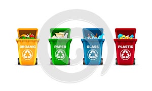 Waste bins, waste sorting, organic plastic glass and paper, a set of colored containers