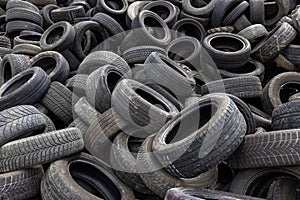 Waste disposal, a stack of automobile and truck tires, close up shot