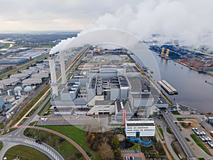 Waste energy recovery plant, Amsterdam Westpoort burning waste to recovery energy. Aerial drone view