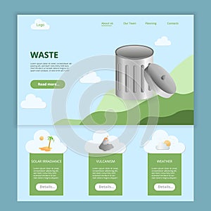 Waste flat landing page website template. Solar irradiance, vulcanism, weather. Web banner with header, content and photo