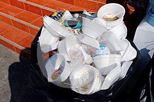 Waste foam tray and plastic, waste garbage foam food tray white many pile on the plastic black bag dirty, Bin, Trash, Recycle