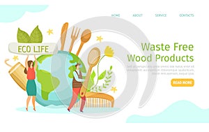 Waste free, eco wood products, vector illustration. Man woman people character use natural product, organic things with