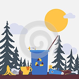 Waste, garbage concept banner vector illustration. Littering waste that disposed improperly around blue plastic dust bin