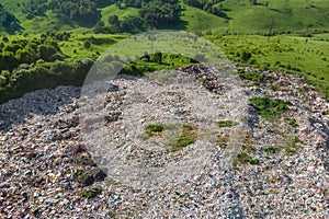 Waste garbage dump household pile trash, aerial top view background. Concept environmental struggle with plastic