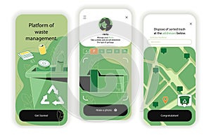 Waste manage concept onboarding screens. Separation of different waste, recycling, reuse and logistics in app. UI, UX, GUI user