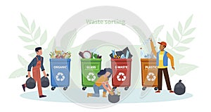 Waste management concept. People throw garbage in containers, women and man separate trash, pollution protection and