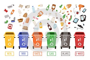 Odpad riadenie segregácia oddelenie odpadky plechovky radenie recyklácia likvidácie odmietnuť popolnice vektor ilustrácie 