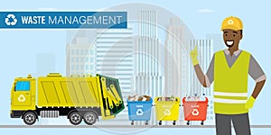 Waste management concept. Trash cans for separate waste collection. Yellow garbage truck, happy african american garbage collector