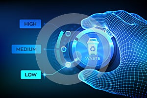 Waste management concept. Wireframe hand setting waste level button on lowest position to optimize manufacture production and