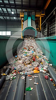Waste management Conveyor belt with accumulated waste at recycling plant