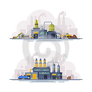 Waste Management or Garbage Processing Factory or Plant Vector Set