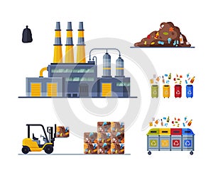 Waste Management or Garbage Processing Factory or Plant Vector Set