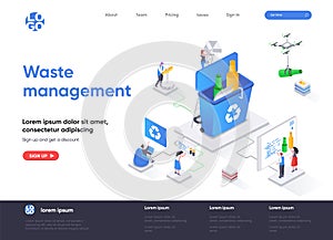 Waste management isometric landing page. Control and management of garbage utilization, waste collection and sorting