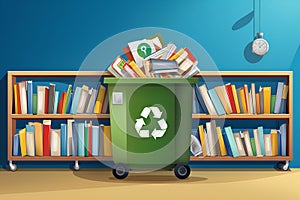 Waste paper illustration with a trash bin filled with waste paper ready for recycling over book shelves background with copy space