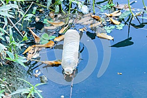 Waste from plastic bottle floating on water surface in river is a problem and water pollution in evening.