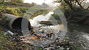 Waste and polluted water discharge through a sewage pipe into a canal, an environmental pollution concept