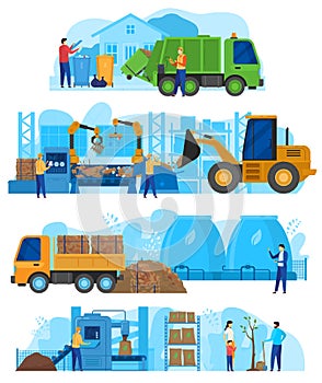 Waste processing factory, garbage recycling industry machines cars, van and tractor with workers people vector