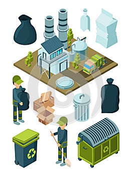 Waste recycle isometric. Refuse garbage facility sort plastic container disposal trash truck vector symbols