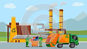Waste recycle plant, vector illustration. Trash recycling industry concept design, people near truck with cartoon