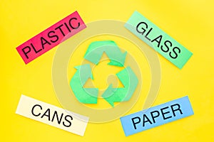 Waste for recycle and reuse near recycle symbol with arrows. Words paper, glass, plastic, cans on yellow background top