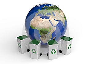 Waste recycling concept with the planet earth and garbage cans around