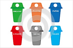 Waste recycling. Containers for organic, plastic, paper, e-waste, metal, glass