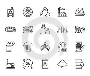 Waste recycling flat line icons set. Garbage bag, truck, incinerator factory, container, bin, rubbish dump vector