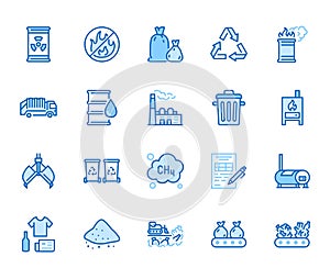 Waste recycling flat line icons set. Garbage bag, truck, incinerator factory, container, bin, rubbish dump vector