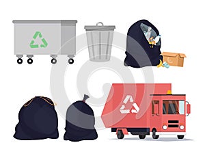 Waste recycling icons set. Sorting, transporting process of garbage, trash can. Vector illustration