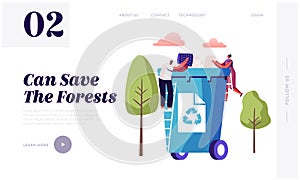 Waste Recycling Website Landing Page. Tiny People Throw Paper Garbage into Huge Litter Bin with Recycle Sign