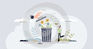 Waste reduction for nature friendly trash management tiny person concept photo