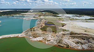 Waste rock dumps, artificial lakes in ilmenite quarry, aerial view