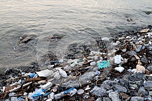 Waste seaside, Garbage on beach Pollution, Waste trash in river, Toxic waste, Wastewater, Dirty water in river