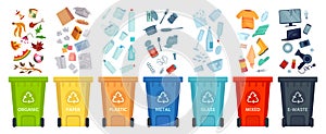 Waste segregation. Sorting garbage by material and type in colored trash cans. Separating and recycling garbage vector