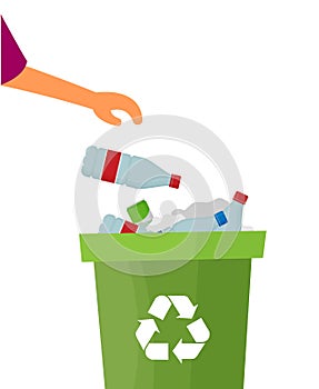 Waste sorting. Collect plastic bottles into garbage bag vector