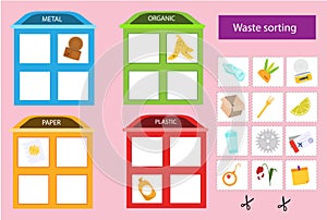Waste sorting educational children game. Match trash with bin. Sorter activity for kids. Learning Garbage segregation