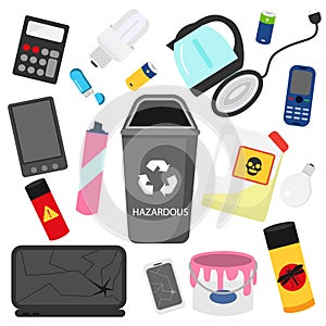 Waste sorting. Household hazardous garbage. e-waste, pesticides, batteries and other trash icons