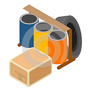 Waste sorting icon isometric vector. Worn car tire and parcel box near three urn