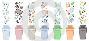 Waste sorting icons set with dustbins and trash