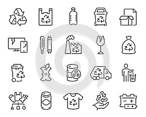 Waste Sorting Icons Set. Such as Garbage Truck, Garbage Can, Clothes, Battery, Food Waste, Glass, Household Appliances