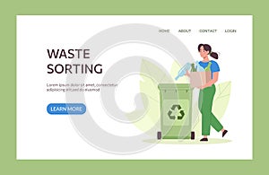 Waste sorting landing page. The girl throws glass containers into a special container. Wasteless lifestyle of people