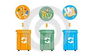 Waste Sorting and Litter Recycling with Dustbin with Different Trash Vector Set