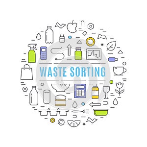 Waste Sorting and Management Vector Graphics Circle Sign. Flat Outline Design