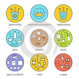 Waste Sorting and Responsible Consumption Vector Graphics Set. Flat Outline Design photo